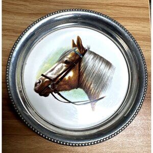 Round Revere Pewter and Ceramic Coaster with Horse Head in Bridle Vintage